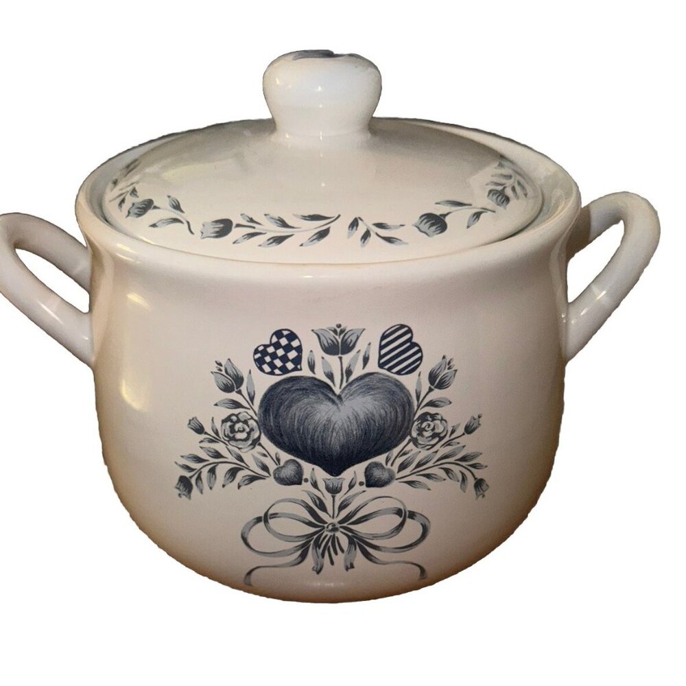 Jay Imports Stoneware Pottery Soup Crock Canister w/ Handles Blue Heart